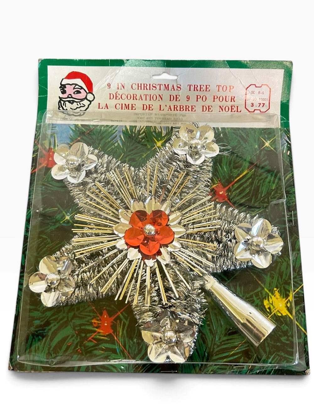 TG 1970s Silver Tinsel Star Christmas Tree Topper Red Accents Original Packaging